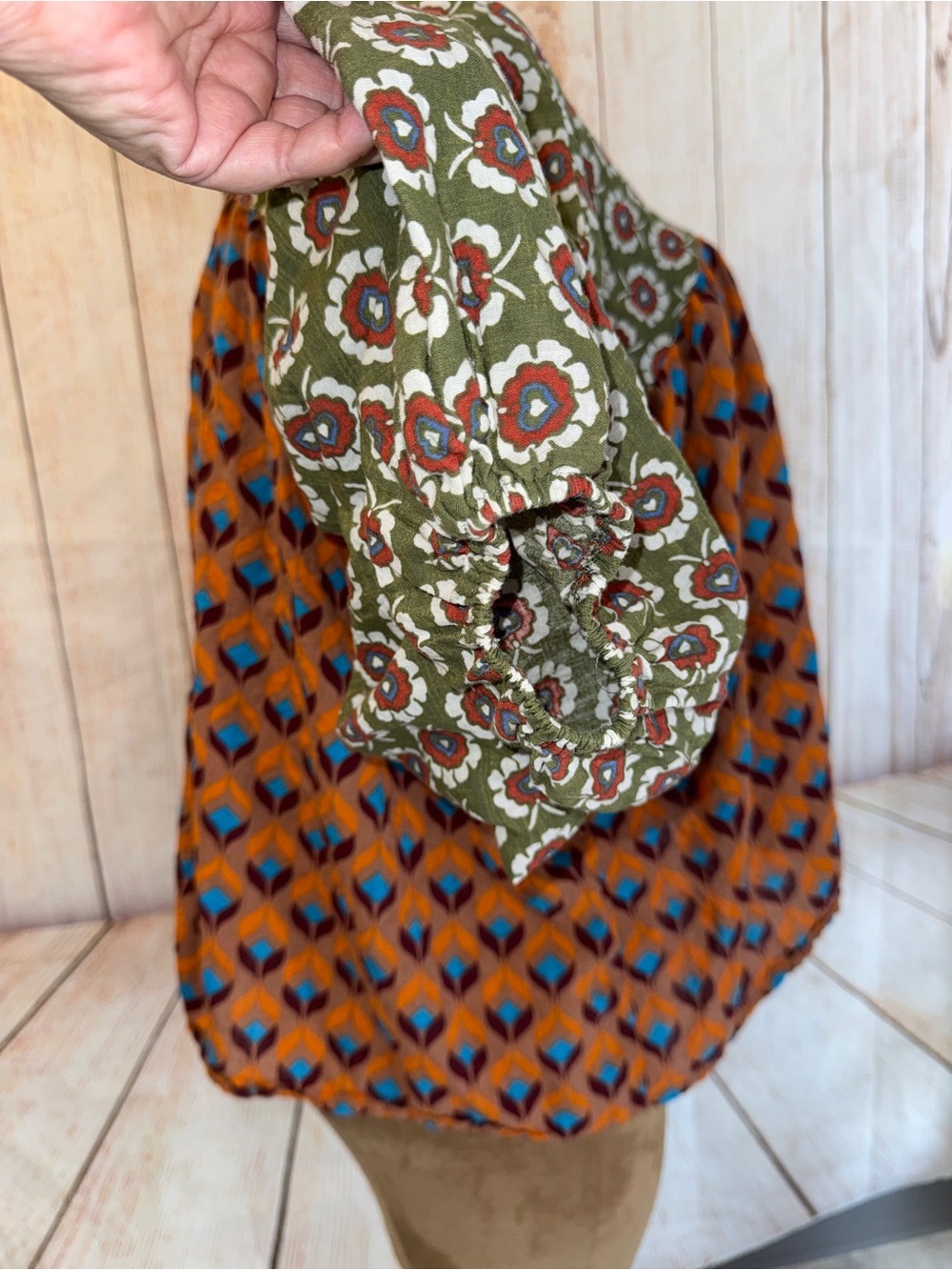 Bucket List Boho Floral Patchwork Peasant Blouse Green Orange Artsy Top L - Picture 5 of 10